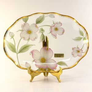 Vintage Lefton Reverse Hand Painted Clear Glass Platter Gold Rim Floral Tray